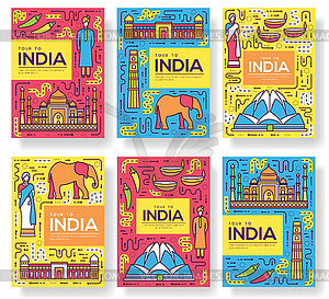 India brochure cards thin line set. Country travel - vector image