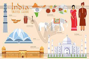 Country India travel vacation guide of goods, place - vector clip art