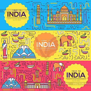 India brochure cards thin line set. Country travel - vector clip art