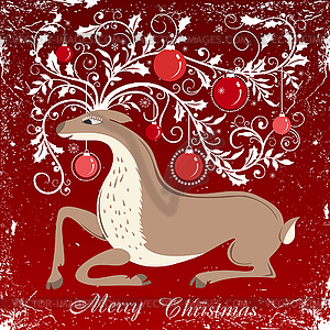 Red Christmas background with reindeer - vector image