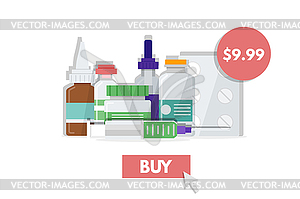 Medications Purchase, Buying medicine. Pharmacy - vector image