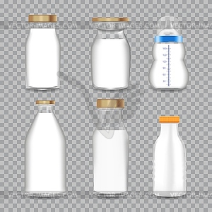 Realistic Transparent Glass Bottles with Milk set. - vector EPS clipart