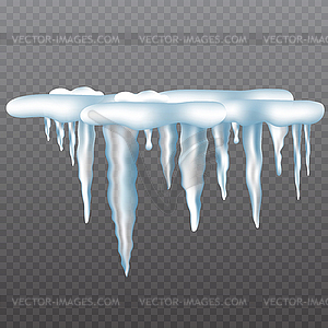 Realistic icicles with snow set on transparent - stock vector clipart