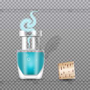 Realistic Chemistry glass bottles of potion. Love - vector image