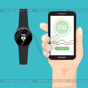 Fitness run tracker band connect with smartphone. - vector clipart