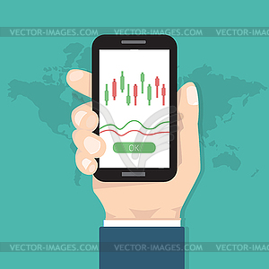 Businessman hold smartphone with candlestick chart - vector clip art