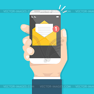 Get email concept. Hand holding smartphone with - royalty-free vector image