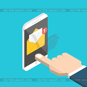 Get email concept. Isometric Hand and smartphone - vector clipart