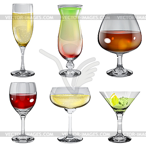 Set of opaque glass goblets with different drinks - vector clipart