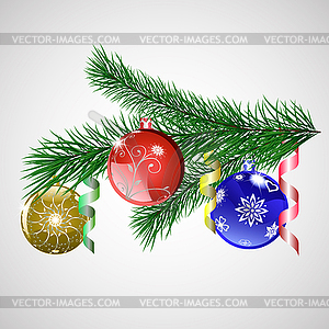 Christmas tree branch with Christmas balls - vector clipart