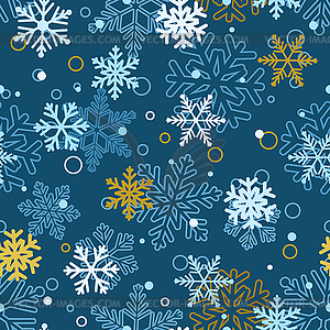 Seamless pattern of snowflakes, multicolored on blue - vector clipart