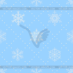 Seamless pattern of snowflakes, white on light blue - vector image