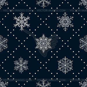 Seamless pattern of snowflakes, white on dark blue - vector clip art