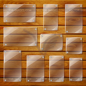 Transparent glass plates on wooden planks - color vector clipart