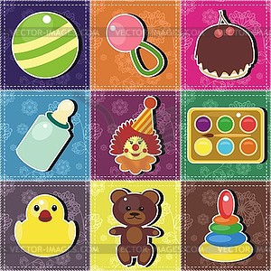 Patchwork background with toys - vector image