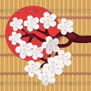 Cherry brunch with flowers on bamboo background - vector clip art