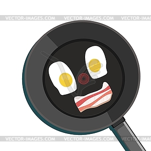 Жареные яйца с беконом на сковороде, улыбающееся лицо - векторный рисунок