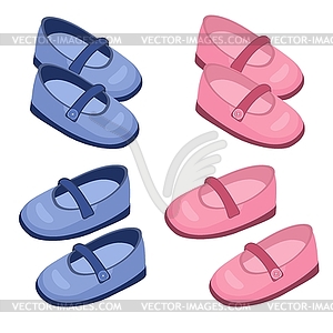 Child shoes on white background, pink and blue - royalty-free vector clipart