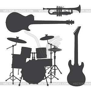 Monochrome music instruments silhouettes collection - vector image