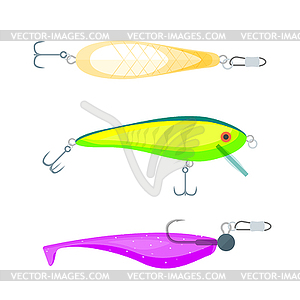 Flat style various fishing lures set - vector image