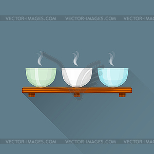 Flat triple Chinese tea cups on stand icon - vector clipart