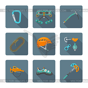 Flat style colored various alpinism tools icons - color vector clipart