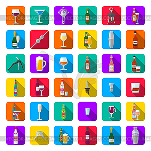 Alcohol bottles glasses and barman tools icon set - vector clipart / vector image