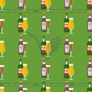 Flat beer bottles glasses seamless pattern - vector clipart