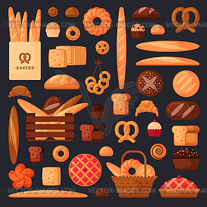 Fresh bread and pastries in flat style - vector clipart