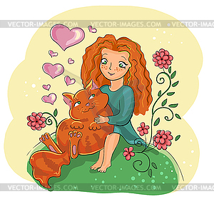 Red cat and red girl - vector clipart