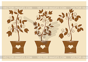 Silhouettes of stylized flowers in pots - vector clip art