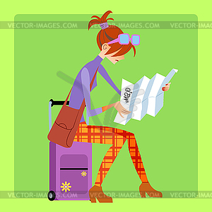 Tourist sitting on suitcase and looks map - vector clip art