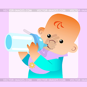 Baby eats food milk bottle - vector clip art