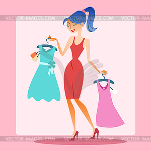 Girl shopping dress choice - vector clipart