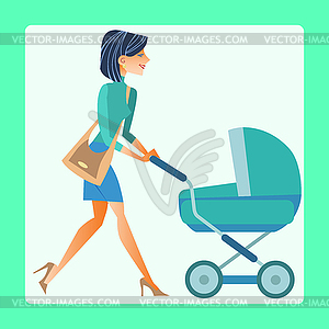 Young mother with baby carriage - vector image