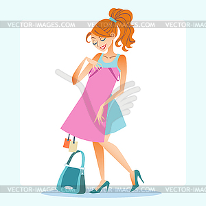 Girl chooses to dress store shopping - vector image