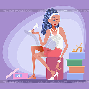 Shopping girl trying on shoes - vector clipart