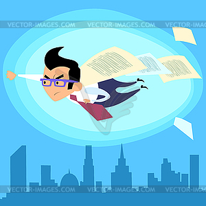 Businessman superhero flying over city contract deal - vector clipart