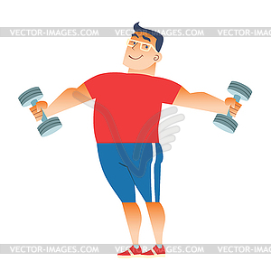 Fat man plays sports with dumbbells - vector image