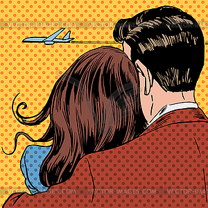 Loving couple looking at plane taking off in sky - vector clipart