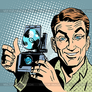 Photographer with retro camera hand gesture all is - vector clip art