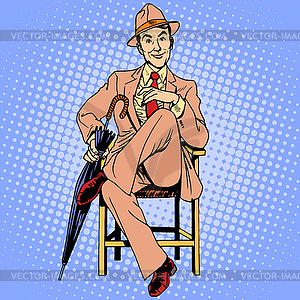 Элегантный мужчина с зонтиком, сидя на стуле - клипарт в векторном формате