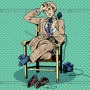 Tired man sits chair talking phone - vector image