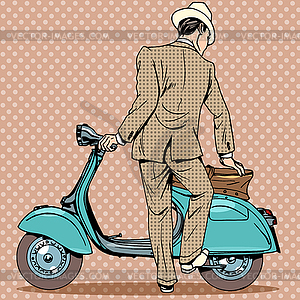 Man gets scooter - color vector clipart