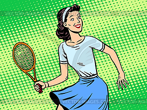 Young woman playing tennis retro style pop art - vector clipart / vector image