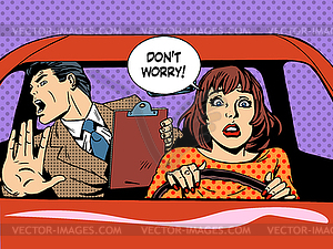 Woman driver driving school panic calm - vector image