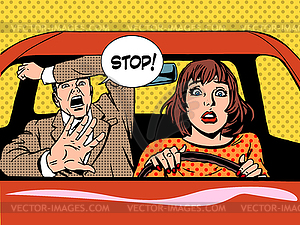 Stop woman driver driving school panic calm - vector clipart