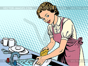 Smiling maid washing dishes in the kitchen Vector Image
