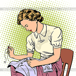 Woman sews shirt thread housewife housework comfort - vector clip art