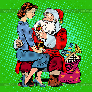 Рождественский подарок. Дед Мороз и красивая девушка - рисунок в векторном формате